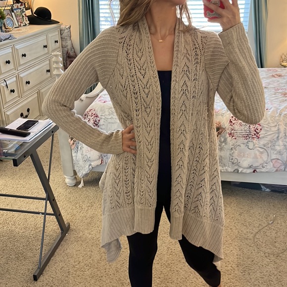 MODA international 100% cotton size L cream/tan long knitted cardigan - Picture 1 of 9